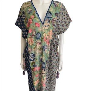 Anjuna Collection linen floral bohemian dress with blue embroidered seams